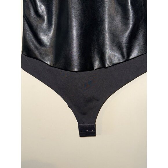 Pinsy Veegan Leather High Neck Shapewear Bodysuit Black Large Tiny Flaw - Picture 2 of 14